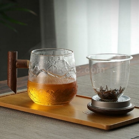 客製化高硼矽玻璃木柄山海紋理泡茶杯禮品