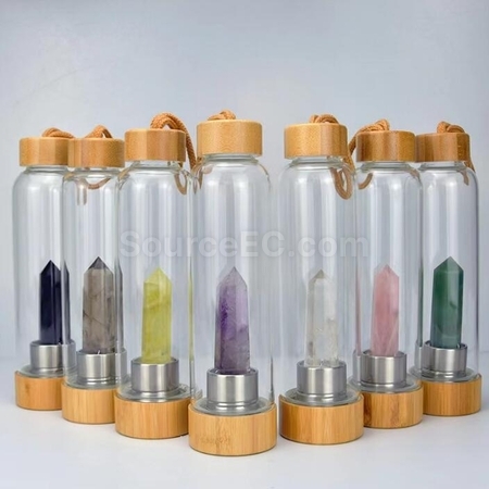 客製化天然水晶柱竹蓋高硼玻璃杯禮品
