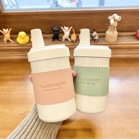 客製化奶茶保溫杯帶木紋可愛小熊皮套禮品