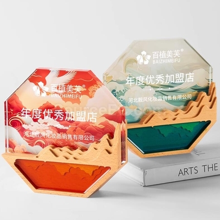 客製化八角形水晶彩印實木獎座禮品