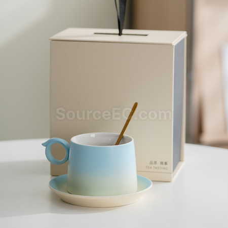 客製化漸變木柄陶瓷咖啡杯禮盒禮品