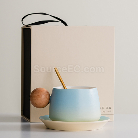 客製化漸變木柄陶瓷咖啡杯禮盒禮品