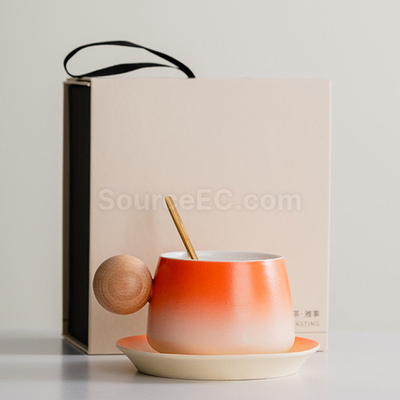 客製化漸變木柄陶瓷咖啡杯禮盒禮品