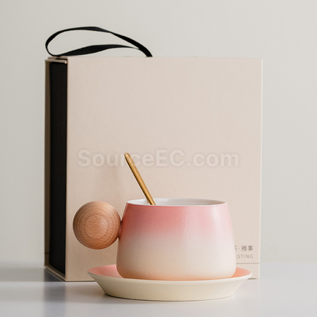 客製化漸變木柄陶瓷咖啡杯禮盒禮品