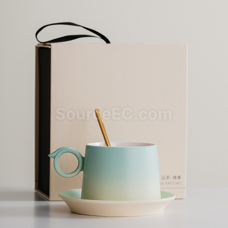 客製化漸變木柄陶瓷咖啡杯禮盒禮品