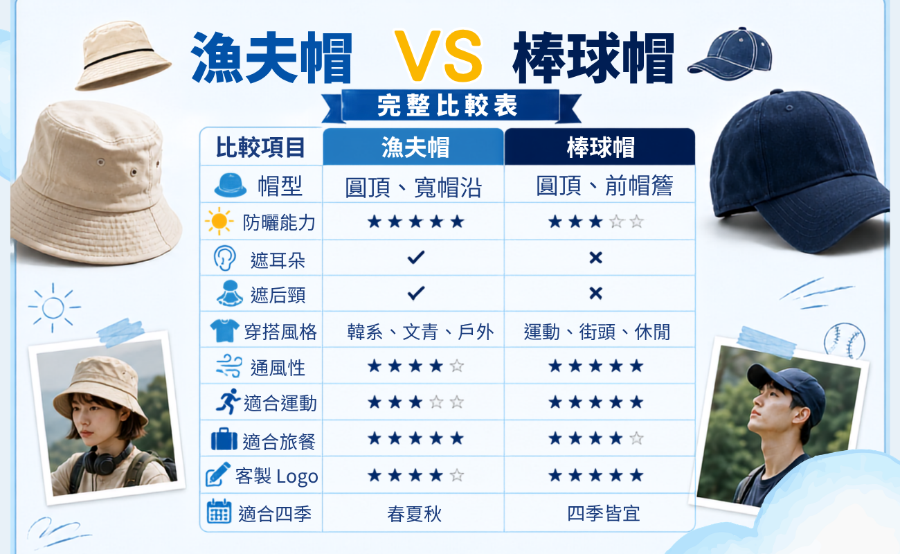 漁夫帽, 棒球帽, 漁夫帽推薦, 棒球帽推薦, 漁夫帽 VS 棒球帽, 帽子推薦, 帽子比較, 防曬帽, 遮陽帽, 老帽, 帽子穿搭, 帽子怎麼挑, 漁夫帽穿搭, 棒球帽穿搭, 適合臉型的帽子